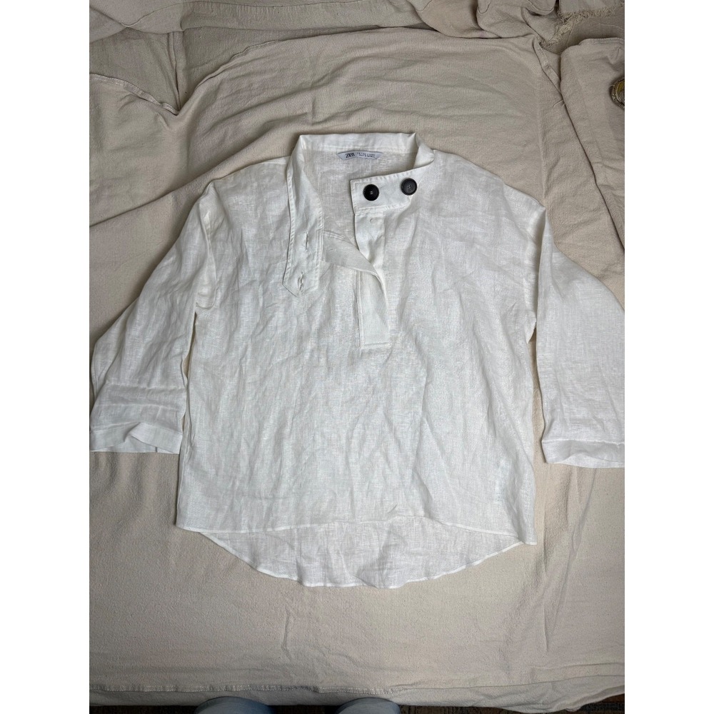 Zara women's long-sleeved linen blouse with buttons, siz S, white - Picture 2 of 6